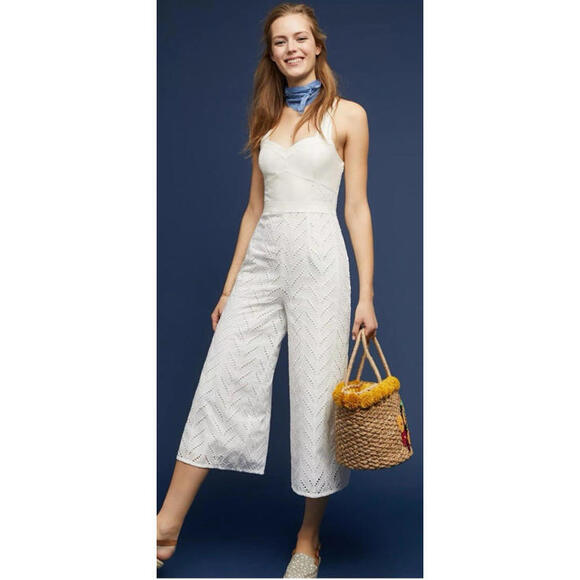 Anthropologie Pants - Anthropologie Ett:twa Womens Size 2 Alice Eyelet Jumpsuit White Ivory Crop Lined